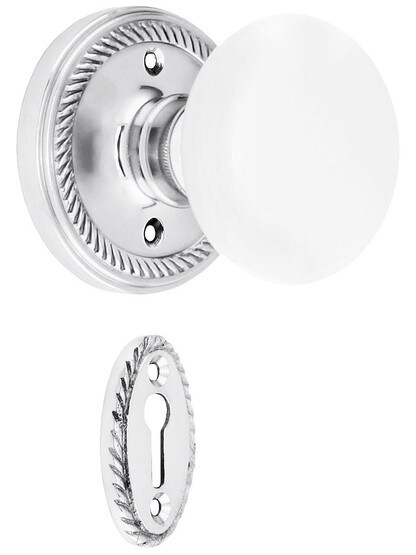 Rope Rosette Mortise Lock Set With White Porcelain Door Knobs in Polished Chrome.